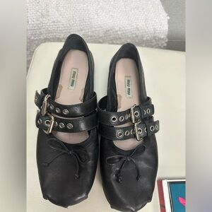 Miu Miu Black Leather Buckle Ballet Flats Size 39 1/2